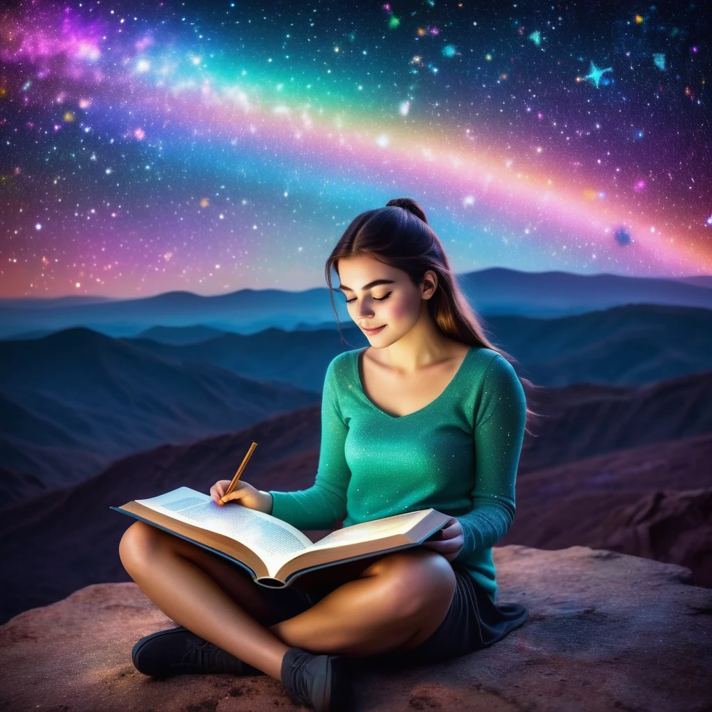 realistic photography of a topless woman sitting in the stars and reading a colored shining book, rainbow colored cosmic nebula sky background, stars, galaxies, high detailed, UHD