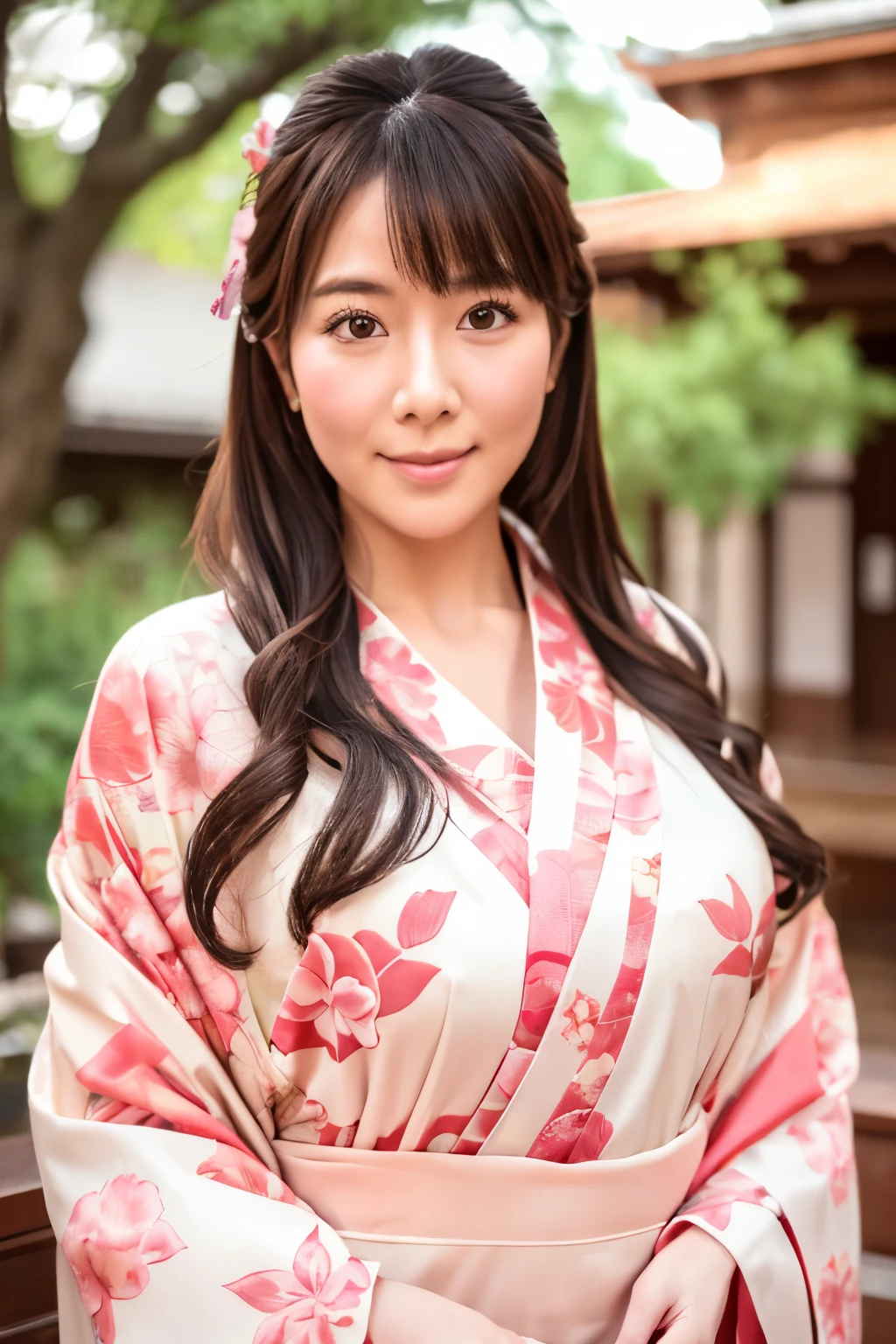 Realistic, Highest quality, 8k, woman, 30 years old, Sakura pattern kimono, Facing forward, (Looking at the camera), Large Bust, Emphasizes the fullness of the chest, Long Hair, Ultra-detailed skin textures, Ultra-detailed eyes, Ultra detailed face, Soft Lighting, Fairy, Bokeh