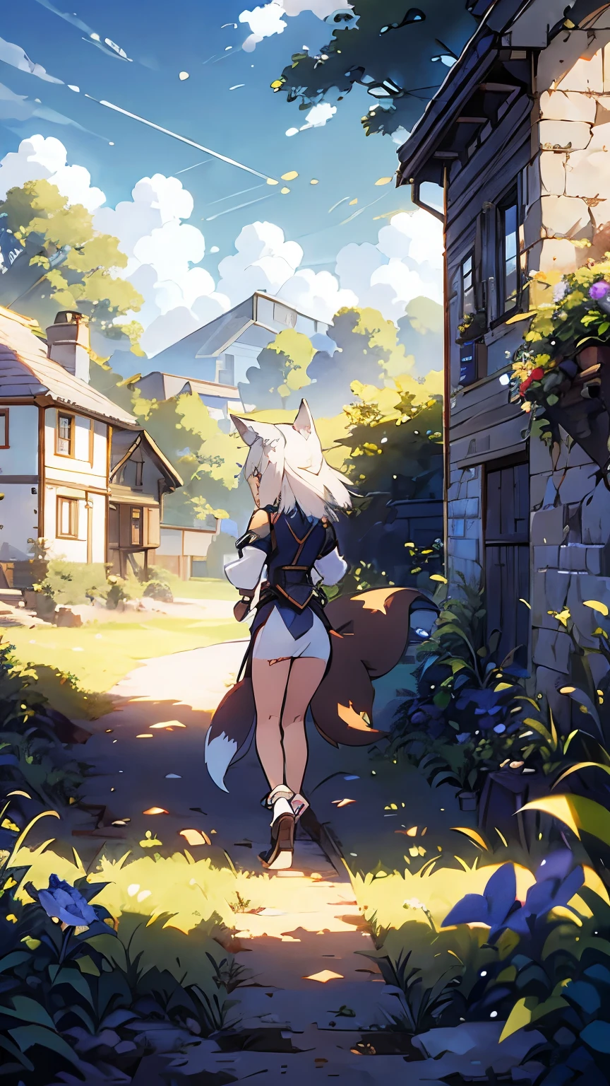 22 year old Fox girl, white hair, long tail, beautiful, blue eyes running though a field with a cottage in the background, facing away from the camera,  or small frame, looking in aww of the country side in front of her, wagging tail, bright, high quality, facing away, wide shot