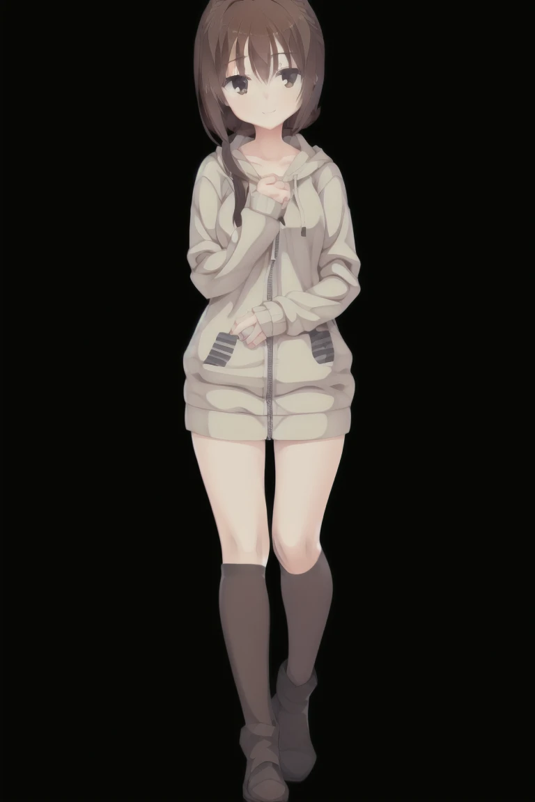 1girl,solo,smiling, woman, brown hair, medium hair, over silhouette hoodie, Black hoodie, medium breast, full body, full body, Character portrait, whole body, expensive_solve, clear_image, expensive_Contrast, 8k, Sparkling, beautiful_detailed_face_and_eye, (Brown Hair:1.25), 白 eye,Black background