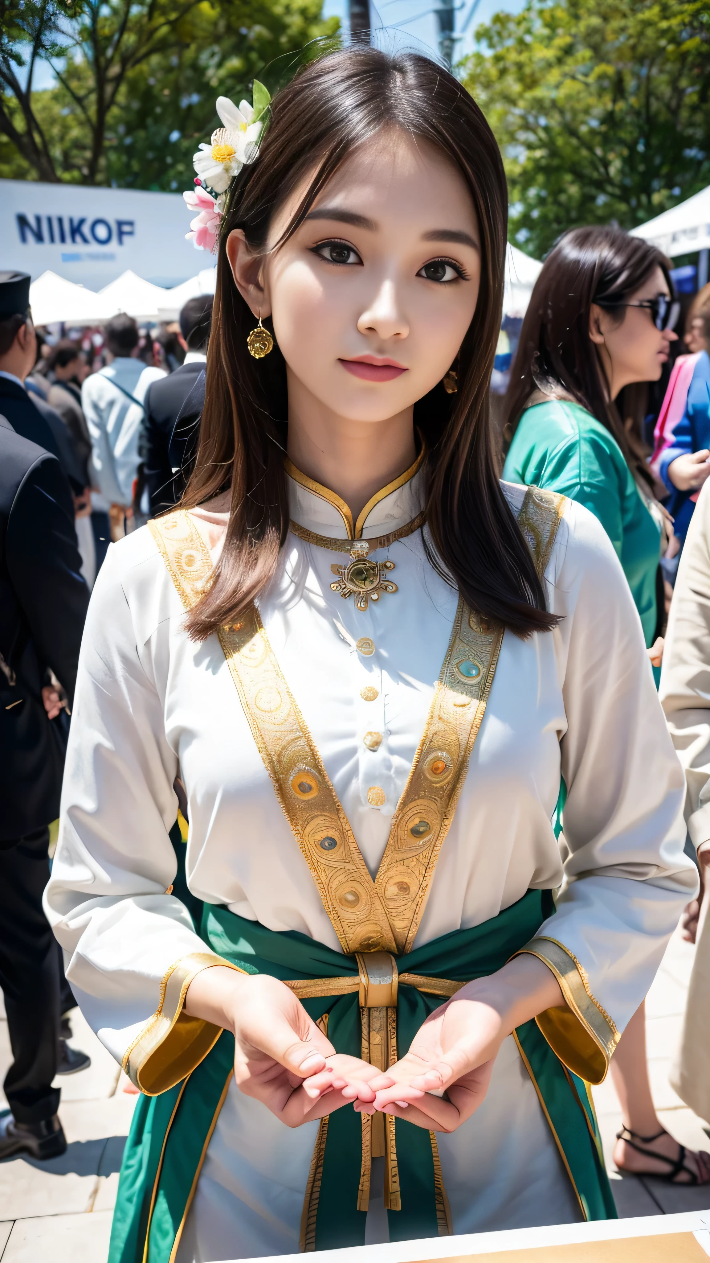 super detailed、masterpiece、highest quality、超A high resolution、8K high quality、Transparency that looks great in photos、detailed eye、Gradation、spring outdoors、During the cultural festival、large crowd of people、perfect anatomical body proportions ,hard disk、nffsw , Nikon Z9 80mm lens , table top、model&#39;s stance、colorful lingerie、lace material pareo、Sit in a triangle position with your thighs slightly inward.、navel,naked, focus、too bright natural light、sunlight、(((Beautiful alignment and pure white teeth)))、The most popular beautiful employees in the company、Super slim body Gcup bust、Slim model body shape、beautiful posture、