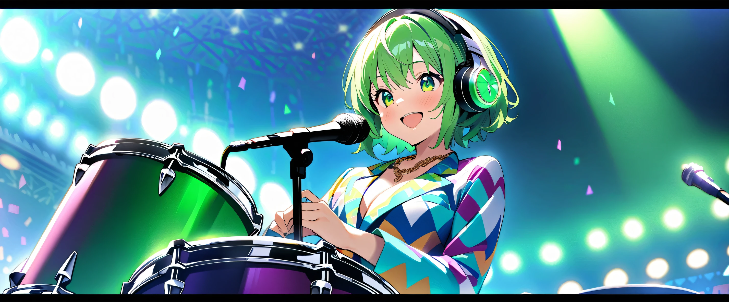(((masterpiece,Highest quality))),(((A short green haired anime character girl wearing a brightly patterned suit and a checked skirt outfit holding drumsticks and playing a drum set))),(((Very nice smile))),((Green Eyes,Green Hair)),(((Playing the drum set on stage at an outdoor live festival during the summer afternoon))),(((A brightly patterned suit and a checked skirt outfit,Chain Necklaces,Futuristic headphones))),(high quality),anime