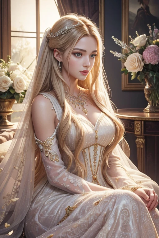 (masterpiece, highest quality, high resolution, 8k, difficulty: 1.2) photorealistic book cover in the genre of epic romantic fantasy, centered on a COUPLE (man and woman). Spring romantic fantasy in the center - a handsome tall handsome manly young man with long white hair up to half of his body, wearing armor, with a beautiful face stands behind a beautiful incredibly beautiful young femme fatale with long golden hair in a bright French dress, proportional, delicate, shimmering, beautiful faces, daytime bokeh, a fairy tale, mysterious, light spring color gamma, (Best quality, 8K, high resolution, Masterpiece: 1,2), Over-detailed (Realistic, Photorealistic, photorealistic-realistic: 1,37), Artistic design in a creative style, Historical, Classic, Exquisite, many colors, High detail, soft lighting, luxurious furnishings, dress with details, Bright flowers, exquisite jewelry, Unearthly atmosphere, Elegant pose, Graceful curves, Golden proportions of the body, Loose hair, Breathtaking textile patterns, Piercing blue eyes, Delicate floral decor, Dazzling set of crystal accessories, Mysterious and dreamy atmosphere, Impeccable attention to detail.
