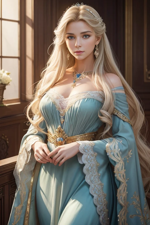 White Blonde hair, fluffy hair, stylish hair, long hair, lilac eyes, perfect eyes, beautiful, perfect face, tween, dainty , short, kind, curvy, a flowing pale airy gown with ruffles along the bottom with tiny pink flowers and gold dragon embroideries with flowers, Her tiara had a pretty teal gemstones, silver necklace, noble class, royal, royalty, red castle, feasting hall, medieval, elegant surroundings, soft dewy makeup look, light peach blush, soft tan eyeshadow, light coral lipstick, cutesy, girlish, girly, guileless, ingénue, princess , whimsical lighting, Targaryen, dragons in the sky, photorealistic