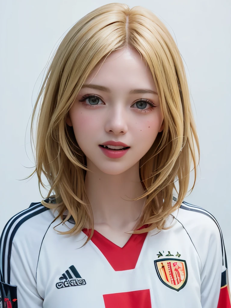 (highest quality、8k、32k、masterpiece)、(Realistic)、(Realistic:1.2)、(High resolution)、Very detailed、Very beautiful face and eyes、1 girl、Round and small face、Tight waist、Delicate body、(close、highest quality、Attention to detail、Rich skin detail)、(highest quality、8k、Oil paints:1.2)、(Realistic、Realistic:1.37)、Bright colors、(((blonde)))、(((Bust Shot)))、(((Bob Hair)))、(((Female face)))、(((White wall background)))、(((Mouth open)))、(((Laughter)))、(((blonde)))、(((Soccer uniforms)))、(((青と白のSoccer uniforms)))