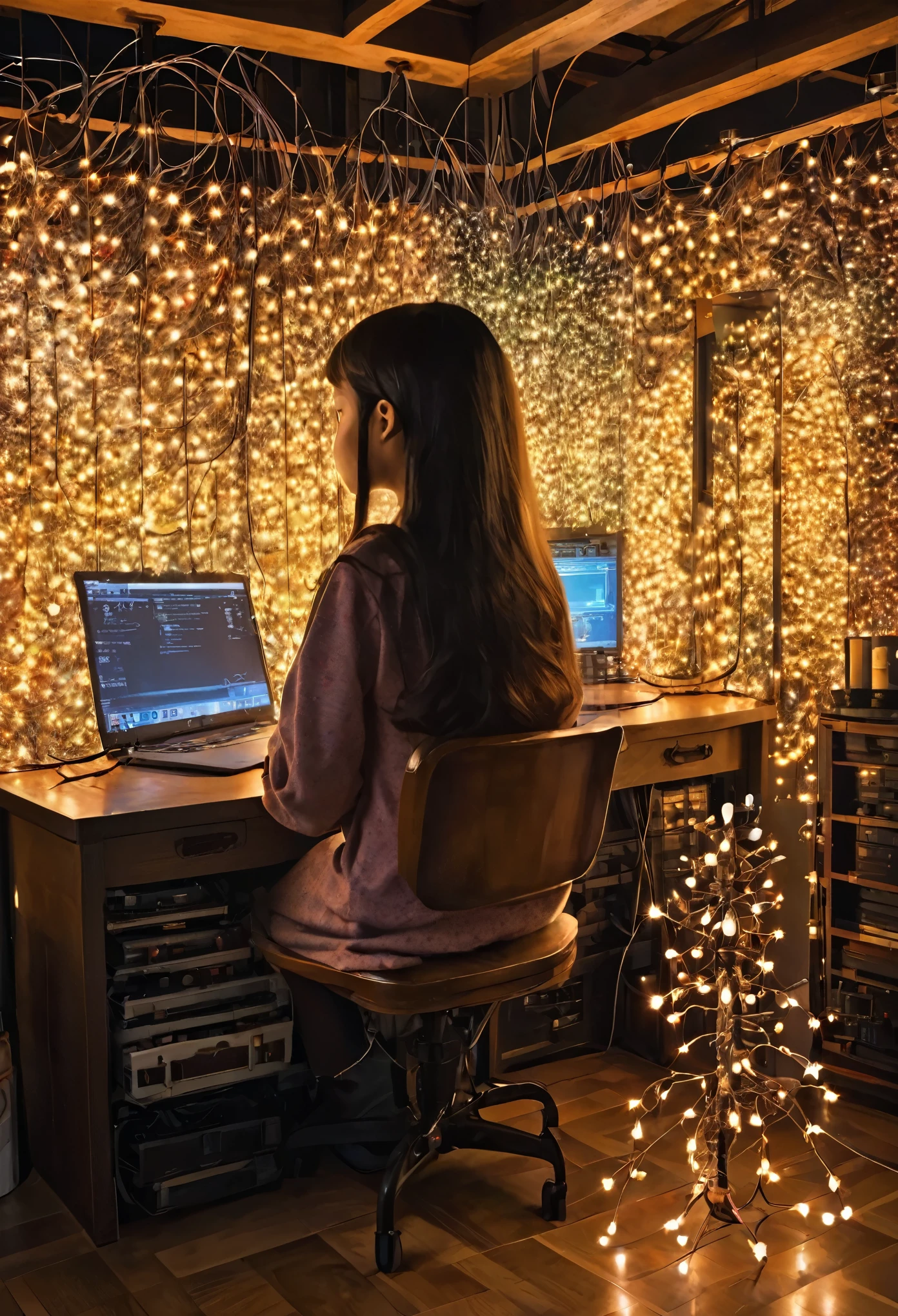 The girl's hair is made of many wires, and many miniature light bulbs are lit at the end of it. There are 100 miniature light bulbs.