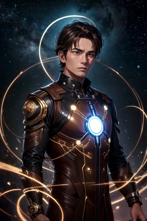 ดูเหมือนหน้ามนุษย์man, transdimensionalist, time traveler,brown,sad,stars,man,There is an electrical circuit in the middle of the chest.,brown eyes,brown hair,Brown dress,perfect,Gold Watch,AuraGoldClock ,full body