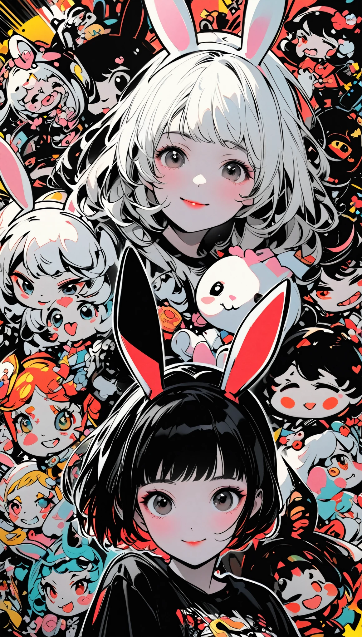 Create digital artwork in pop art style、Ink style、Drawing with black ink on white paper、We paid attention to every detail of the smiling bunny girl.。、Street Fashion、Surrounded by a retro bunny pattern、Black and white brushstrokes、Emotions must be dynamic、Upper Body、~ ~ side、、shape、White and black ink、thin ink line、The brushstrokes are very detailed and dynamic、Use precise lines to express shadows、Delicate and accurate expression、modern Art、Different stroke styles,Each has its own advantages and disadvantages、