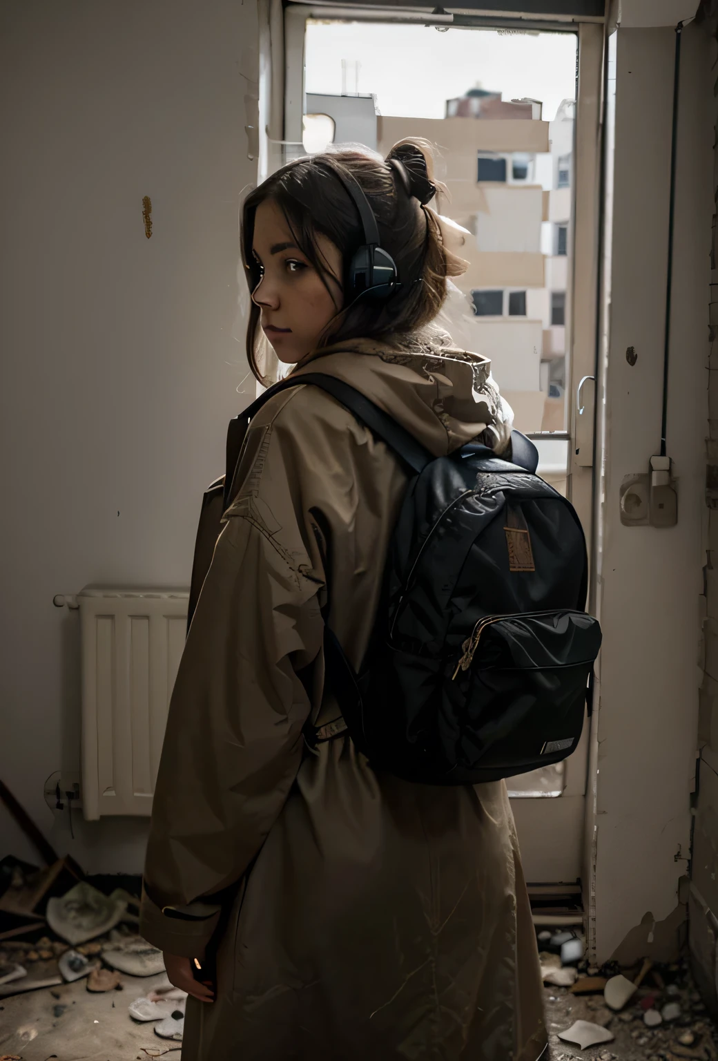 image of sad beautiful girl dressed in dirty old coat and hood standing with arms crossed looking at a window inside a dark, dilapidated apartment room and a window showing dilapidated buildings outside, apocalipse, wasteland, She wears a backpack on her back and headphones on her ears and is facing the window, make the girl's face dirty and colorful, maximum quality, imagem detalhada, 8k