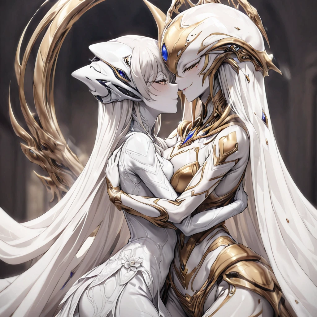 ((highest quality)), ((masterpiece)), (detailed), (Perfect Face)、(The woman is a beautiful and seductive pure white alien queen named Princess Leona, who is of the same species as an alien and has an alien body, but is pure white, with light brown long straight hair, a slender body, but with normal breasts, and is wearing a gorgeous alien wedding dress and alien wedding veil, as well as alien decorations.)、The woman snuggles up to an adult female alien in the alien nest, they embrace and share a mechanical kiss, and then they get married.、A beautiful, adult, elegant, pure white female alien with a beautiful and seductive body that resembles that of an adult alien woman who has grown into an adult alien, dressed as an alien bride, is smiling and embracing the woman she adores.、The woman and adult female alien get close to each other, embrace, kiss and get married