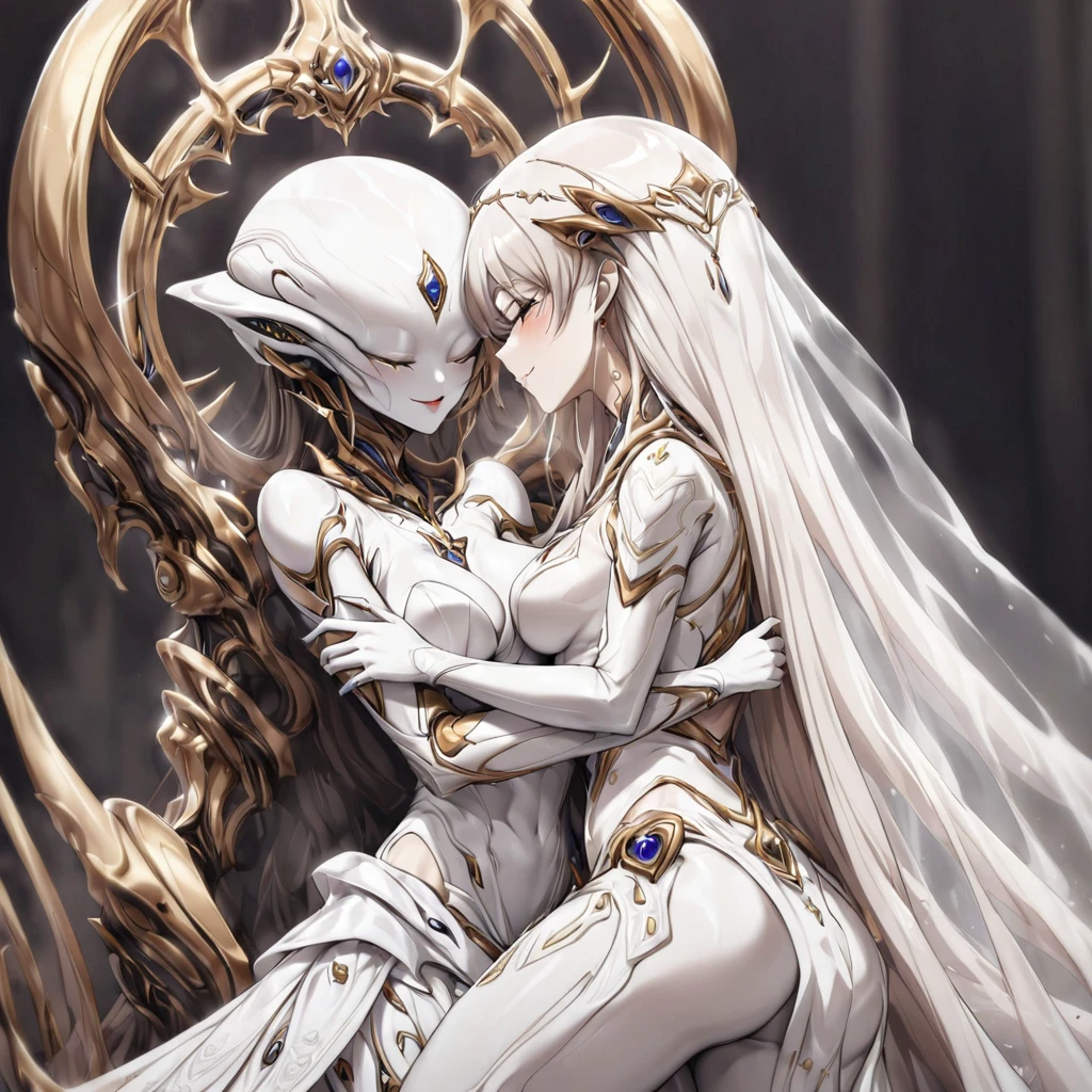 ((highest quality)), ((masterpiece)), (detailed), (Perfect Face)、(The woman is a beautiful and seductive pure white alien queen named Princess Leona, who is of the same species as an alien and has an alien body, but is pure white, with light brown long straight hair, a slender body, but with normal breasts, and is wearing a gorgeous alien wedding dress and alien wedding veil, as well as alien decorations.)、The woman snuggles up to an adult female alien in the alien nest, they embrace and share a mechanical kiss, and then they get married.、A beautiful, adult, elegant, pure white female alien with a beautiful and seductive body that resembles that of an adult alien woman who has grown into an adult alien, dressed as an alien bride, is smiling and embracing the woman she adores.、The woman and adult female alien get close to each other, embrace, kiss and get married