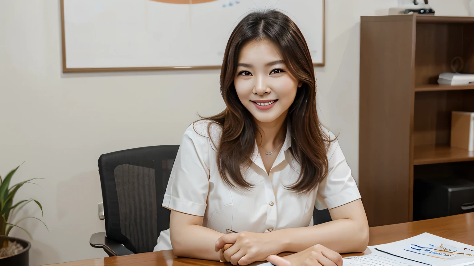 A very beautiful Korean woman in her 50s with a smiling face sitting neatly at her desk and working diligently in real estate..Upper body appearance