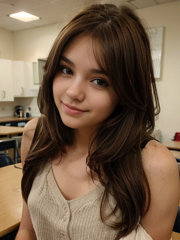 Sandy, a high school girl with shoulder-length, brown hair.