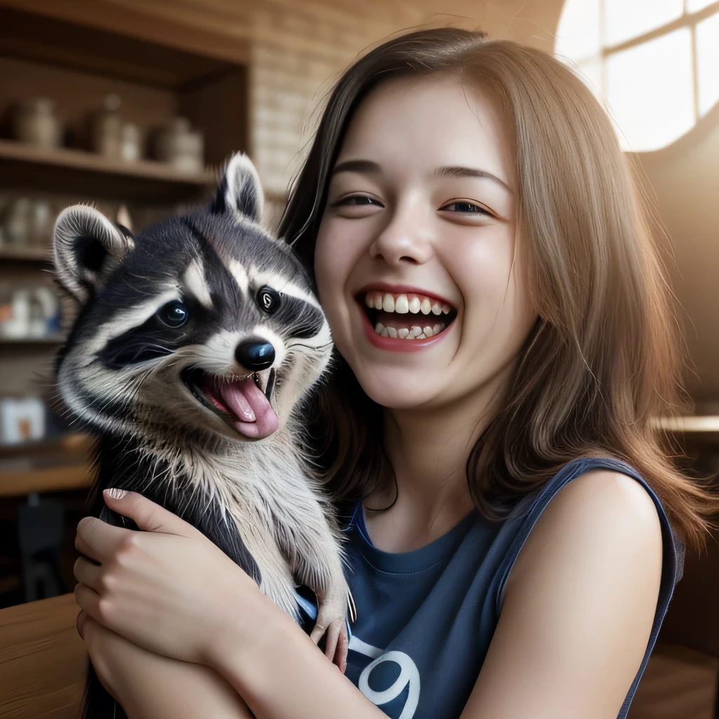 8K, realistic, masterpiece ,insanely detailed, absurd, (photogenic:1.3), (1girl, 20yo, round face), (t-shirts, sleeveless),(laugh:1.6), (racoon dog:1.2), cafe, sun light