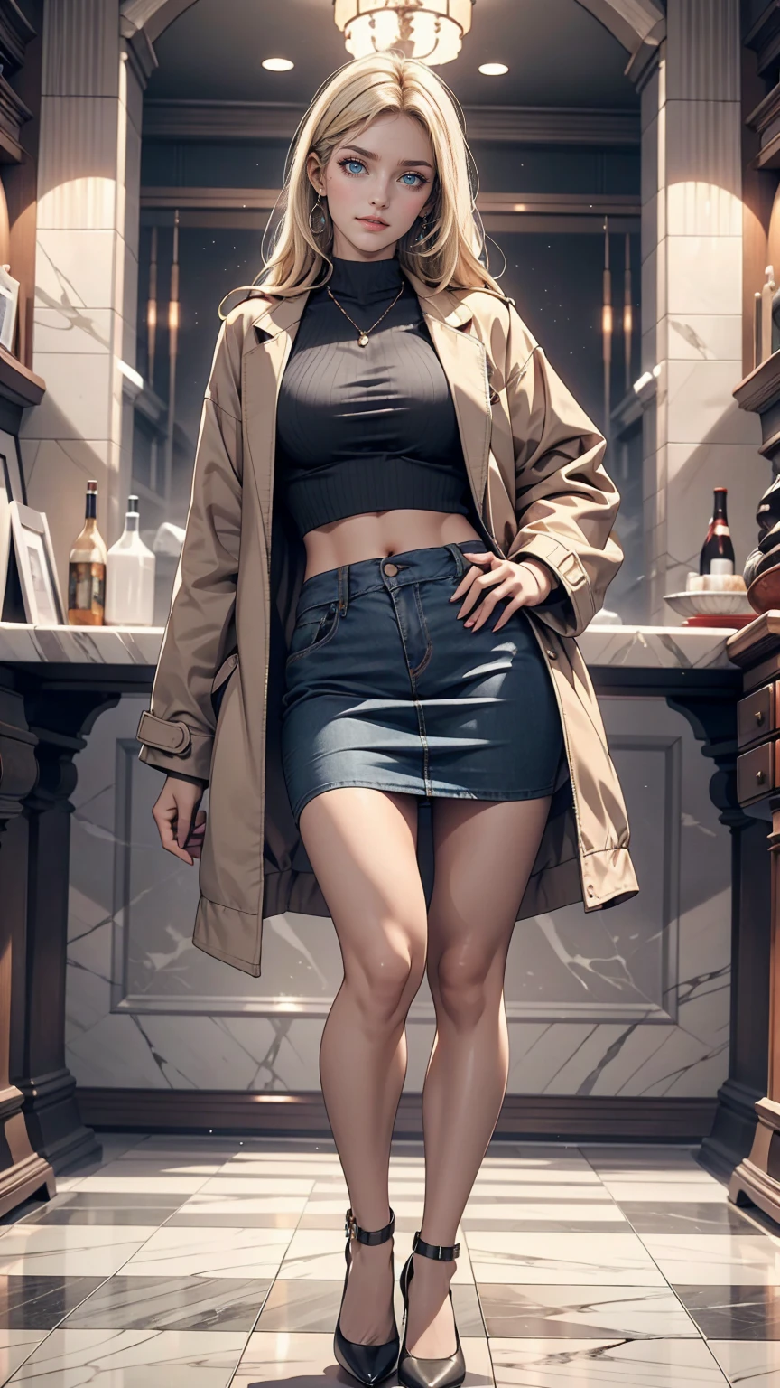 24 year old Japanese woman、Platinum Blonde、Straight Hair、blue eyes、Wear a midriff jacket、Wear a tight mini skirt、Wear high heels、smile、Marble floor、Marble wall background、Model pose
