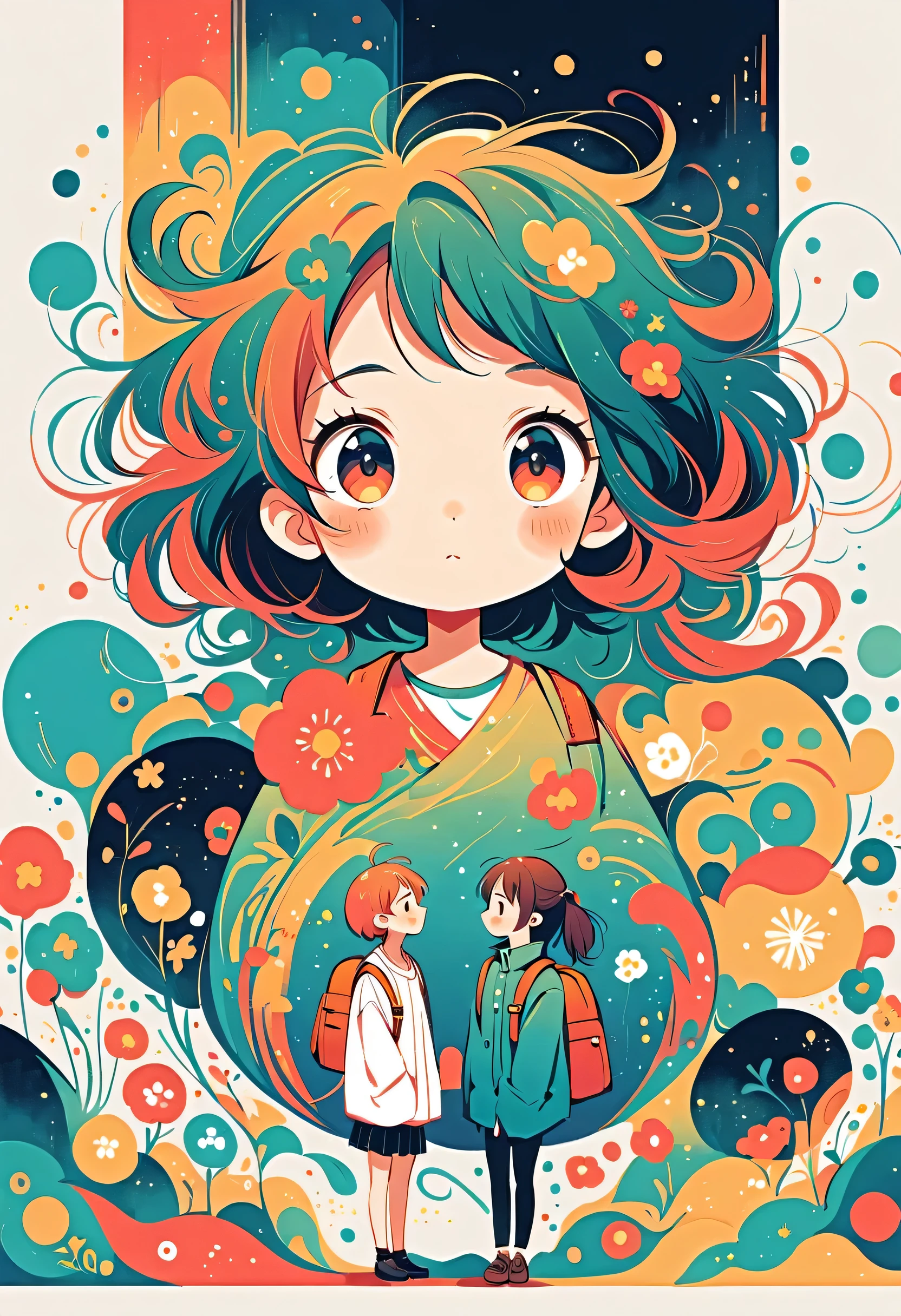 Watase Seizo style, Standing in front of a high wall,Girl with backpack on rooftop,My backpack is full of happy spring,Simple Line Initialism,Abstract art,Urban Background, (((The most beautiful girl))),