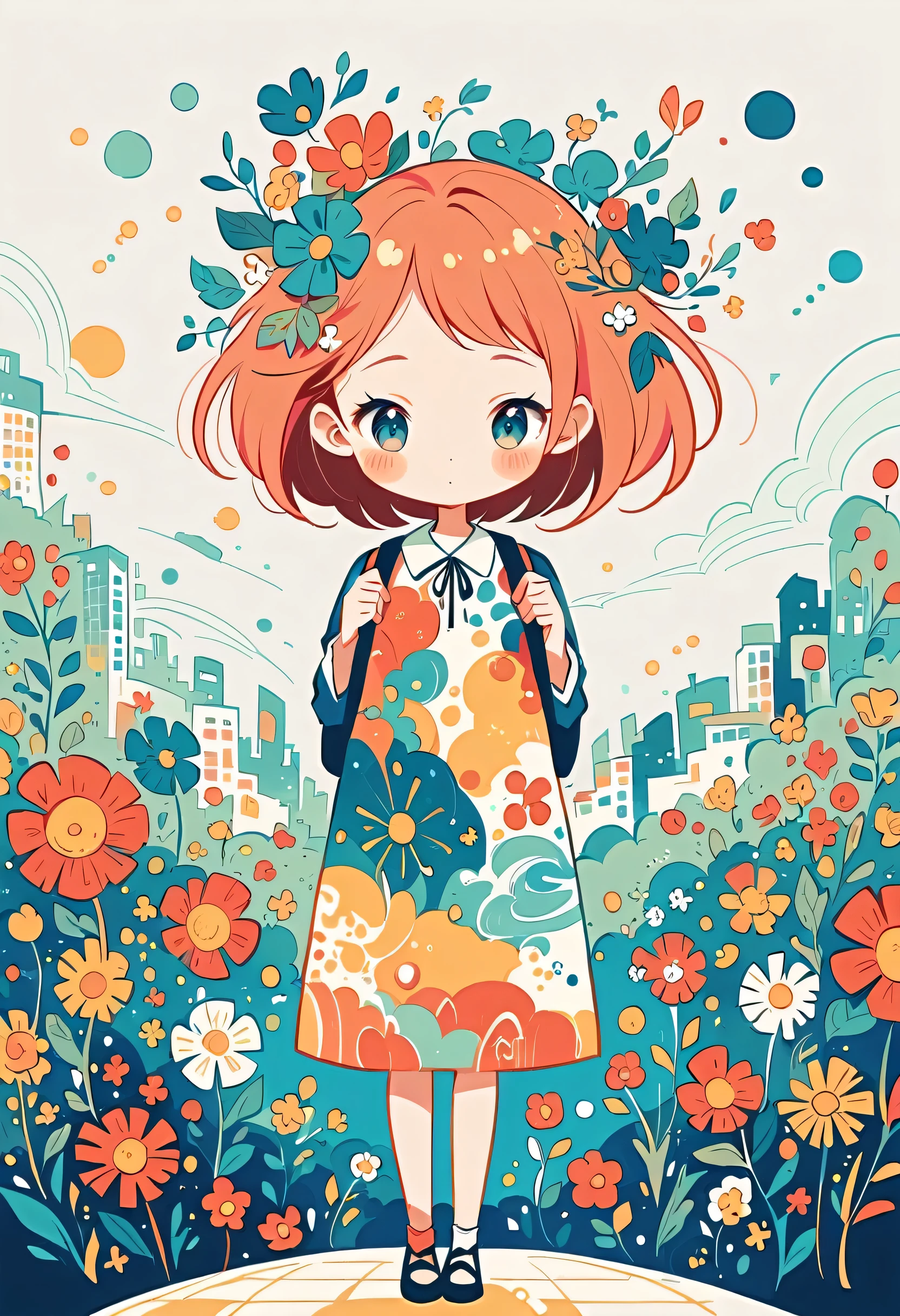 Watase Seizo style, Standing in front of a high wall,Girl with backpack on rooftop,My backpack is full of happy spring,Simple Line Initialism,Abstract art,Urban Background, (((The most beautiful girl))),