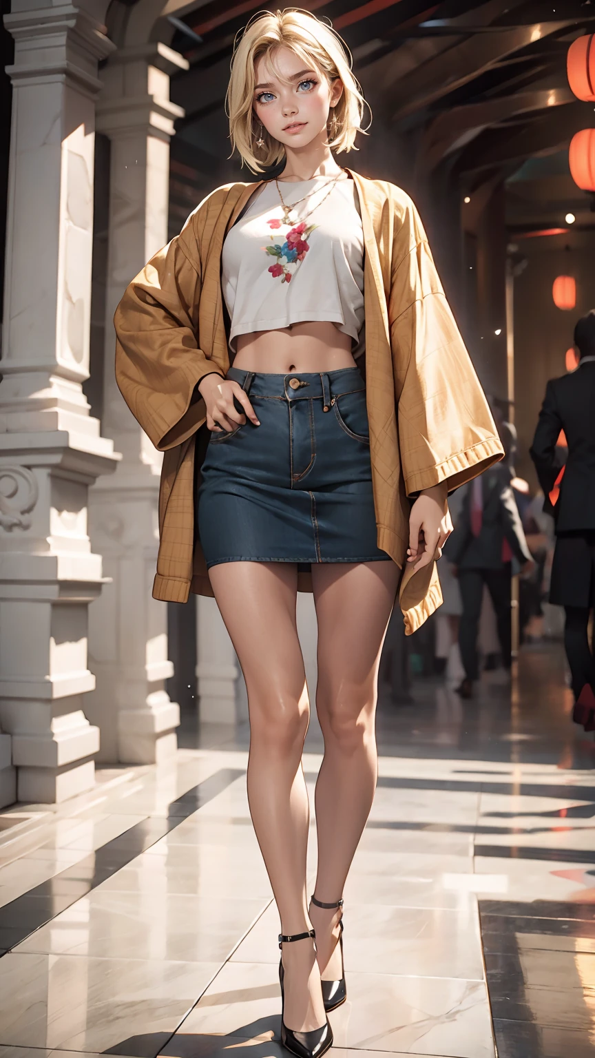 24 year old Japanese woman、Platinum Blonde、Straight Hair、blue eyes、Wear a midriff jacket、Wear a tight mini skirt、Wear high heels、smile、Marble floor、Marble wall background、Model pose
