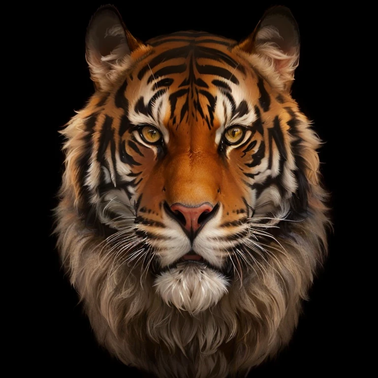 a close up of a Tigre's face with a black background, Tigre_fera, Tigre head, Tigre face, Tigre, ((Tigre)), a Tigre, anthropomorphic Tigre, half Tigre, Tigres, sacred Tigre, fierce appearance, forte e feroz, foto de animal de arte digital, por Ivan Ranger, animal altamente detalhado, gato dente de sabre