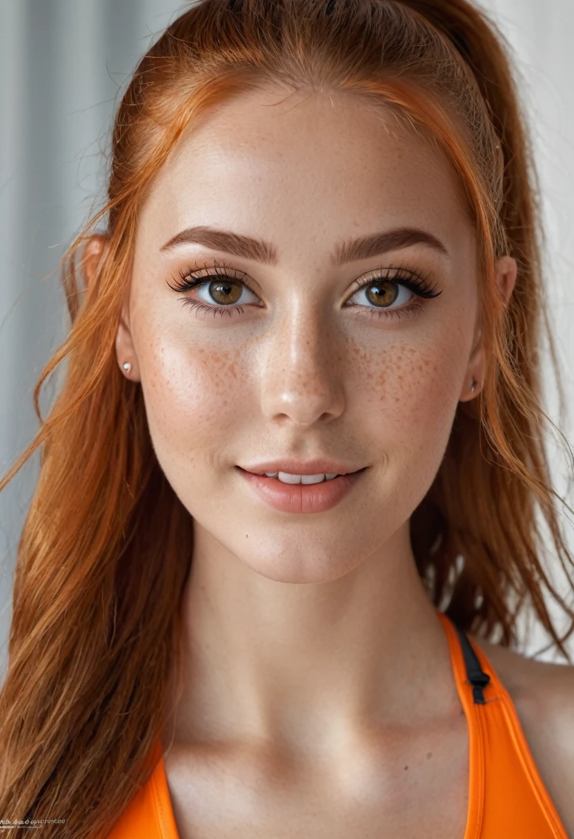 hyperrealistic beautiful busty 18-year-old teen girl with long legs wearing wetlook orange skinny highneck swimsuit and sneakers, model shooting full body photography, natural redhead with long ponytail, freckles, dark eye makeup with eyeliner, seductive smile, small necklace, 8K, Best quality, Meisterwerk, ultra high resolution, (Realismus: 1.4), Originalfoto, (realistische Hautstruktur: 1.3), (Filmkorn: 1.3), (Selfie-Winkel), 1 girl, Beautiful round hazel eyes and facial details, Meisterwerk, Best quality, studio photography
