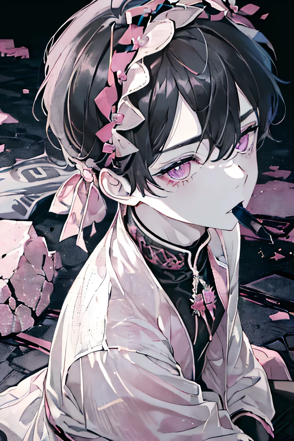 ((A ruined city full of rubble)),(After the war),((Vast landscape covered with rubble)),(A boy in ragged clothes),((black hair)),(Lifeless eyes),((sit down,Place your knees on the ground on both sides)),((Look up at me)),(Mouth sLightly open),((Light pink eyes)),((monochrome world)),((Black,grey,Light)),((Hair accessories decorated with many dark pink jewels))((View from directly above)),(Sharp eye Light),(((Adult male))),Face clarity,The white of the eye is distinct,Five fingers,juvenile,Chu Chu pitiful,short hair