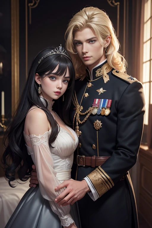 High-quality image of a couple: a blond men (tall, statuesque, handsome, courageous young man with blue eyes, curly golden hair, dressed in a gray antique military uniform) he hugs a woman with a black hair (a fantastically beautiful young femme fatale with long straight black hair, long bangs, she has blackberry eyes, she is a princess, on she has a romantic dress and a tiara). They are in love with each other. The sketches of the "Ideal Anatomy" made by Boris Vallejo are characterized by a high degree of detail. Masterpiece, detailed study of the face, beautiful face, beautiful facial features, perfect image, realistic shots, detailed study of faces, full-length image, 8k, detailed image, extremely detailed illustration, a real masterpiece of the highest quality, with careful drawing.