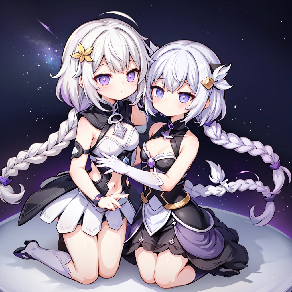 masterpiece,Little,cute、虹の滑り台で遊ぶLittle女の子とLittle男の子、Relaxed facial expression、Mikan and cat kotatsu、sdcgsd、Milky white and purple gradient long hair、Double braid、Black and white diamond-shaped hair ornaments on both sides、Little男の子、The boy has two-tone white and light blue short hair.、Stick together and get along、Heartwarming、A fluffy world、ゆるcute世界、The best light source、CrptGrl,yijiang styal,