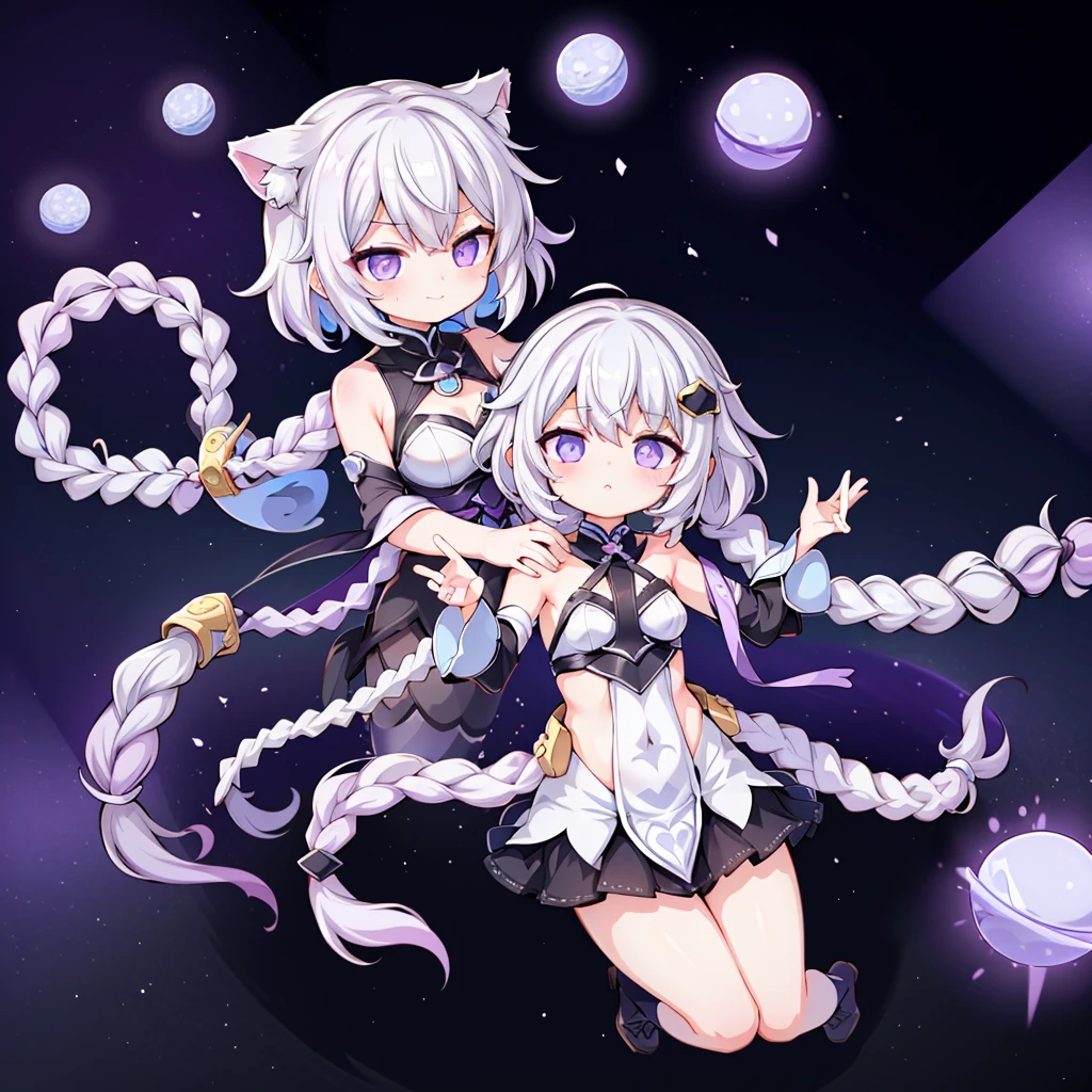 masterpiece,Little,cute、虹の滑り台で遊ぶLittle女の子とLittle男の子、Relaxed facial expression、Mikan and cat kotatsu、sdcgsd、Milky white and purple gradient long hair、Double braid、Black and white diamond-shaped hair ornaments on both sides、Little男の子、The boy has two-tone white and light blue short hair.、Stick together and get along、Heartwarming、A fluffy world、ゆるcute世界、The best light source、CrptGrl,yijiang styal,