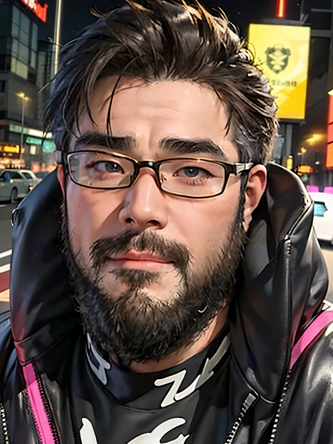 Glasses, beard, In close-up、Highlight the face and upper body of a male model wearing tight combat clothing。The expression is full of determination and confidence.。The neon lights of a futuristic city glow dimly in the background.、Emphasizes the cyberpunk atmosphere。in the style of Digital art、Create vivid and detailed visuals。