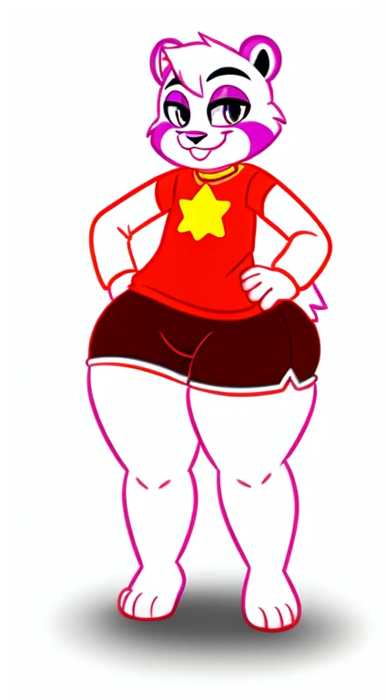 A Sexy black Anthro skunk wearing red shorts and has thick sexy thighs, standing on a Souless, lifeless, position and in a white background and hands on hips, and looking at a Yellow smiley ball on the floor, and in the STARTOONS animation aesthetic
