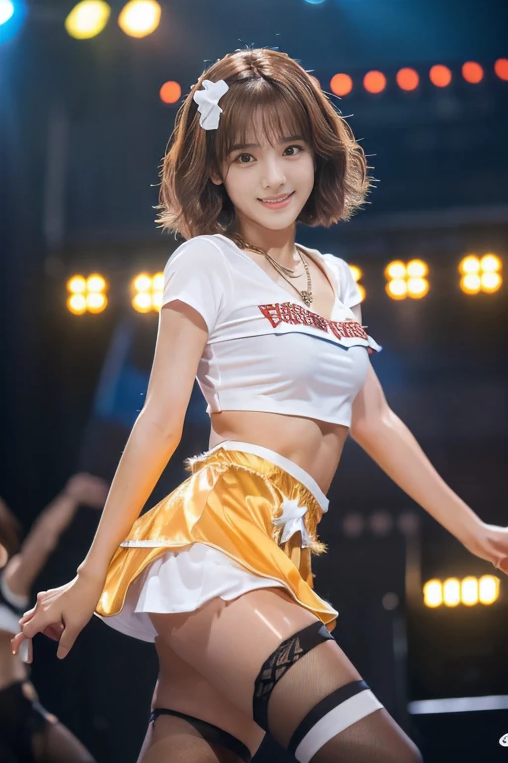 (An 18-year-old idol girl dancing on stage:1.5)、(Cute smile:1.2)、(The best quality at its best:1.4), (Super detailed), (Very detailed CG unified 16k), Beautiful woman with perfect figure: 1.4, Sharp focus: 1.2, Very detailed, High-quality RAW color photos, Professional photography, Great face and eyes, cosmetics, (Amazingly beautiful girl), ((Cute idol costumes:1.5)), Sexy posture,(View from below), Realistic movie faces, Full body long view from head to toe, Realistic, ((Realistic natural orange red hairstyle, Realistic blue eyes)), ( Short Bob Hair:1.5), (necklace:1.5)、, Very beautiful face, Perfect model beauty, Mouth swelling, Highly detailed face and skin texture, Fine grain, double eyelid, Medium chest, (masterpiece), highest quality, High resolution, Very detailed, Blurred Background, Depth of written boundary, Cinema Lighting, Great legs, , Clear, well-maintained skin,