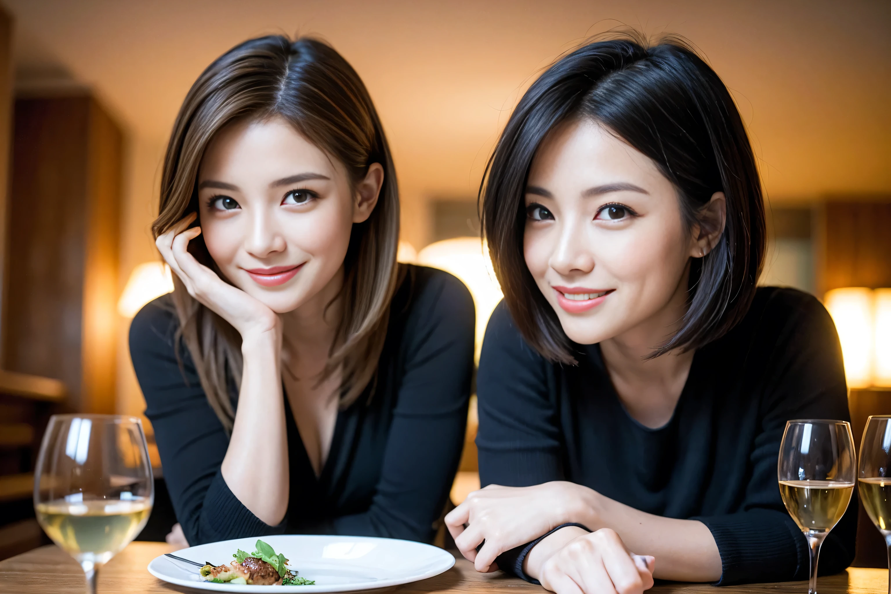 ((highest quality、8k、masterpiece:1.3))、1 male、1 female、Satomi Ishihara-like beautiful couple、Spouse、Couple、The body is slim、((Bob Hale、Straight hair:1.2)), (Realistic, Intricate details:1.2), Wine glass on the table、Shine light on your face、 Amazing view of the sunset sky and clouds、Amazing mountain views、A bright smile、The wonderfulness of smile、Bright image、The beauty of wine, Beautiful Face, blue eyes, The light shines on your face, Blushing, short hair,Bright Face、 (Age 37), "41 years old, red wine 、Appetizers、Italian food、Wine bottle、Champagne、sparkling wine、Two beauties、Brown Hair、Shortcuts、Long sleeve shirt、dress、Pretty Woman 1, (Slim face), (The body is slim), (Brown Hair), (Shortcuts), cheeks turn a little red,Attractive beauty、restaurant, In a prominent place (From the waist up) Nova Frog Style, actress, model, Upper Body, White wine, slim, wine glass, A wine glass placed in the center, smile, (smile: 1.15), Beautiful fine grain, Depth f/2,saturation, High Contrast, Strong light and shadow,Moist Body:1.5、3D texture、Delicate eyes、Brown Hair、The hair is very shiny、