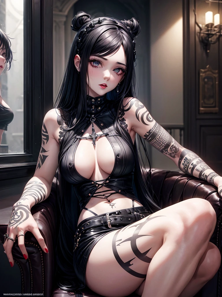 woman with white skin, black hair, gothic pin up style. with tattoos on the body.