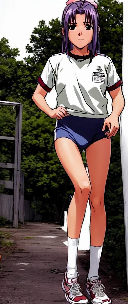 Momoko Koigakubo, a tall girl with beautiful legs, is running on the school grounds with a smile on her face in a white gym uniform and knee-length gym shorts.。