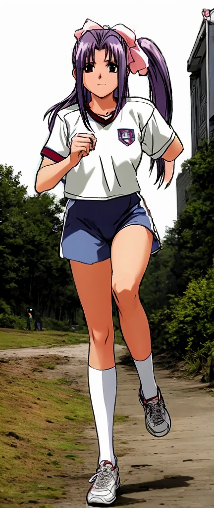 Momoko Koigakubo, a tall girl with beautiful legs, is running on the school grounds with a smile on her face in a white gym uniform and knee-length gym shorts.。