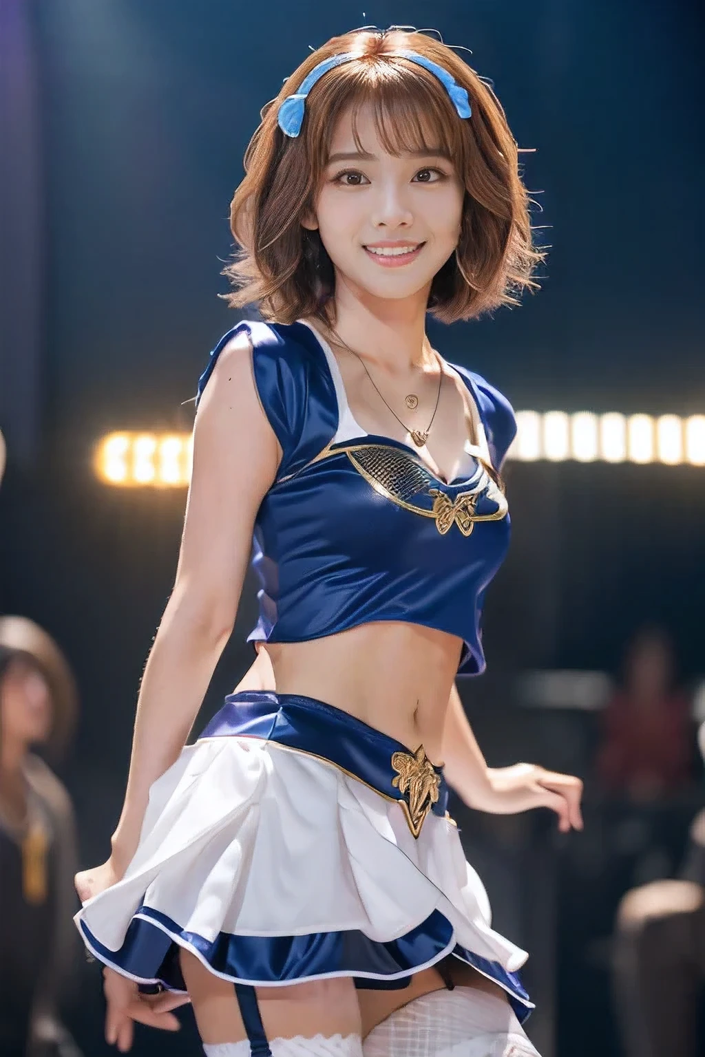 (An 18-year-old idol girl dancing on stage:1.5)、(Cute smile:1.2)、(The best quality at its best:1.4), (Super detailed), (Very detailed CG unified 16k), Beautiful woman with perfect figure: 1.4, Sharp focus: 1.2, Very detailed, High-quality RAW color photos, Professional photography, Great face and eyes, cosmetics, (Amazingly beautiful girl), ((Cute idol costumes:1.5)), Sexy posture,(View from below), Realistic movie faces, Full body long view from head to toe, Realistic, ((Realistic natural orange red hairstyle, Realistic blue eyes)), ( Short Bob Hair:1.5), (necklace:1.5)、, Very beautiful face, Perfect model beauty, Mouth swelling, Highly detailed face and skin texture, Fine grain, double eyelid, Medium chest, (masterpiece), highest quality, High resolution, Very detailed, Blurred Background, Depth of written boundary, Cinema Lighting, Great legs, , Clear, well-maintained skin,