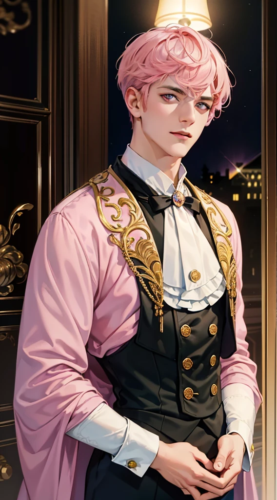 undercucho Close Portrait of Elegant Person [undercucho] in bespoke MAN suit: tall muscular man, classic style, intricate detial baroque, elegant, bright lights, highly detailed, digital painting, artstation, concept art, soft and sharp focus, portrait , illustration, art by wlop, mars ravelo and greg rutkowski (High detail skin: 1.2), 8k uhd, DSLR, soft lighting, high quality, film grain, Fujifilm XT3 mix4, male model, (((1 MAN))) suit, seductive, Florence, Italy background, (((/LOOKING AT THE VIEWER/))) ((((SHORT PINK HAIR))) (((LONG BANGS))) (((VIOLET EYES))) (((DELIGHTED LOOK))), SMILE, MYSTERIOUS AURA, night, bokeh, depth of field, (upper body: 1.0), best quality, intricate details, detailed eyes, masterpiece, film grain, 1900s, kodakchrome, flashlight, strange smoke around him, MASTERPIECE