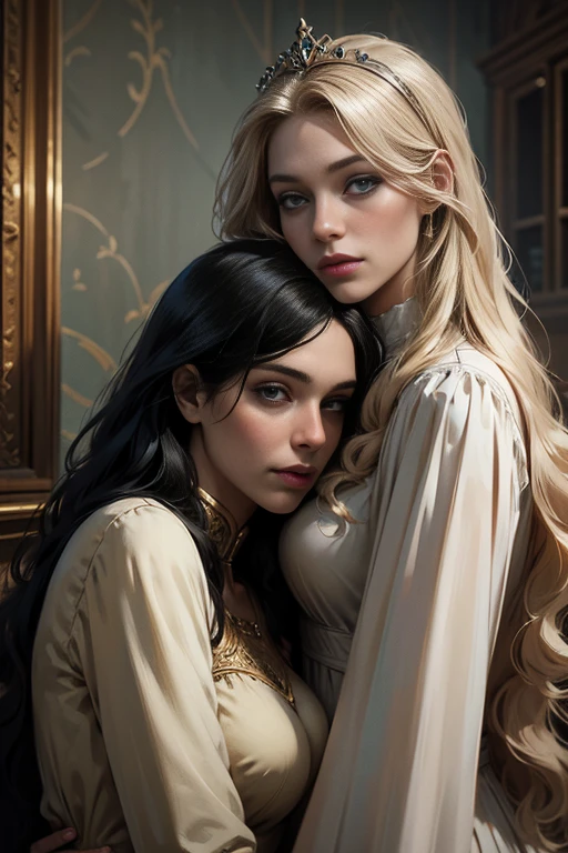 High-quality image of a couple: a blond men (tall, statuesque, handsome, courageous young man with blue eyes, curly golden hair, dressed in a gray antique military uniform) he hugs a woman with a black hair (a fantastically beautiful young femme fatale with long straight black hair, long bangs, she has blackberry eyes, she is a princess, on she has a romantic dress and a tiara). They are in love with each other. The sketches of the "Ideal Anatomy" made by Boris Vallejo are characterized by a high degree of detail. Masterpiece, detailed study of the face, beautiful face, beautiful facial features, perfect image, realistic shots, detailed study of faces, full-length image, 8k, detailed image, extremely detailed illustration, a real masterpiece of the highest quality, with careful drawing.