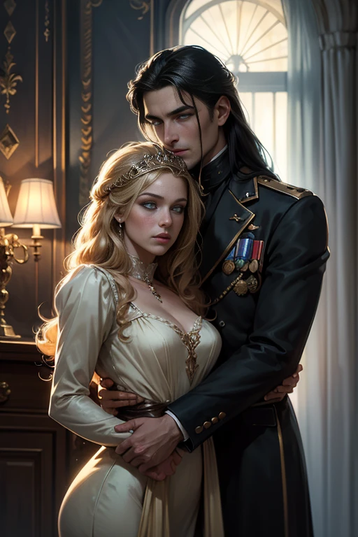 High-quality image of a couple: a blond men (tall, statuesque, handsome, courageous young man with blue eyes, curly golden hair, dressed in a gray antique military uniform) he hugs a woman with a black hair (a fantastically beautiful young femme fatale with long straight black hair, long bangs, she has blackberry eyes, she is a princess, on she has a romantic dress and a tiara). They are in love with each other. The sketches of the "Ideal Anatomy" made by Boris Vallejo are characterized by a high degree of detail. Masterpiece, detailed study of the face, beautiful face, beautiful facial features, perfect image, realistic shots, detailed study of faces, full-length image, 8k, detailed image, extremely detailed illustration, a real masterpiece of the highest quality, with careful drawing.