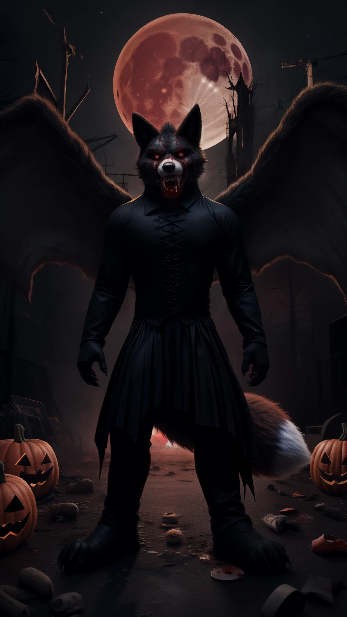 (ultimate dark lord fursuit fox male 666
blood),
(weird and destroyed background of the United States and a red moon there too)
(now to match the character, play some Halloween music in the background,
now to be perfect, open black wings), (horror art), (now finally the gothic uniform) (Oops, an unexpected error occurred),