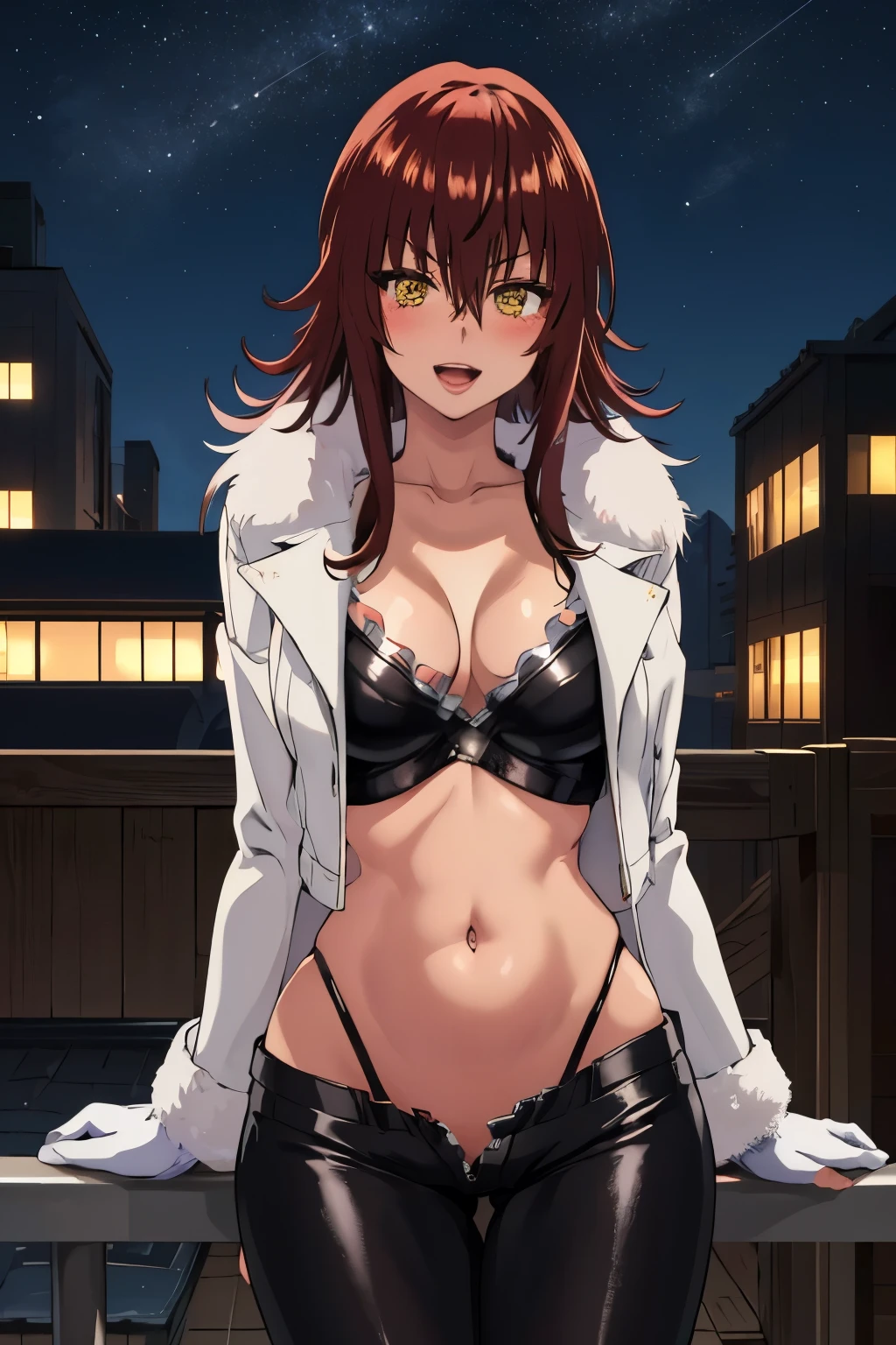 aaryouko, standing, long hair, blush, lipstick, fur trim, mature female, gloves, fur-trimmed coat, outdoors, rooftop, cityscape, building, railing, night, night sky, scenery, city lights, masterpiece, best quality, highly detailed, a girls with a gun, evil smile , open mouth, sexy gaze, badass pose , evil smile, smile, , guns blazing, anime girl with long hair, beautiful long haired girl, navel, evil expression, exposed belly, exposed navel, exposed midriff, exposed lower belly, long black pants, crop top, cleavage, unbuttoned leather pants ,open fly, low rise black leather pants, leather jacket, holding a gun, navel piercing