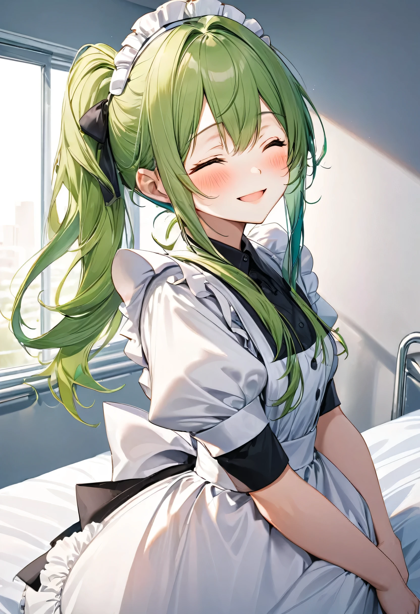 (in a cute maid clothes) (solo:2 ponytail green hair long hair lovely girl, love closed eyes, love:1.3 smile,15 yo, blushing), break, (standing in the hospital bedroom), BREAK, perfect anatomy, masterpiece, best quality, 16k, beautiful detailed darkness, daydreaming expression