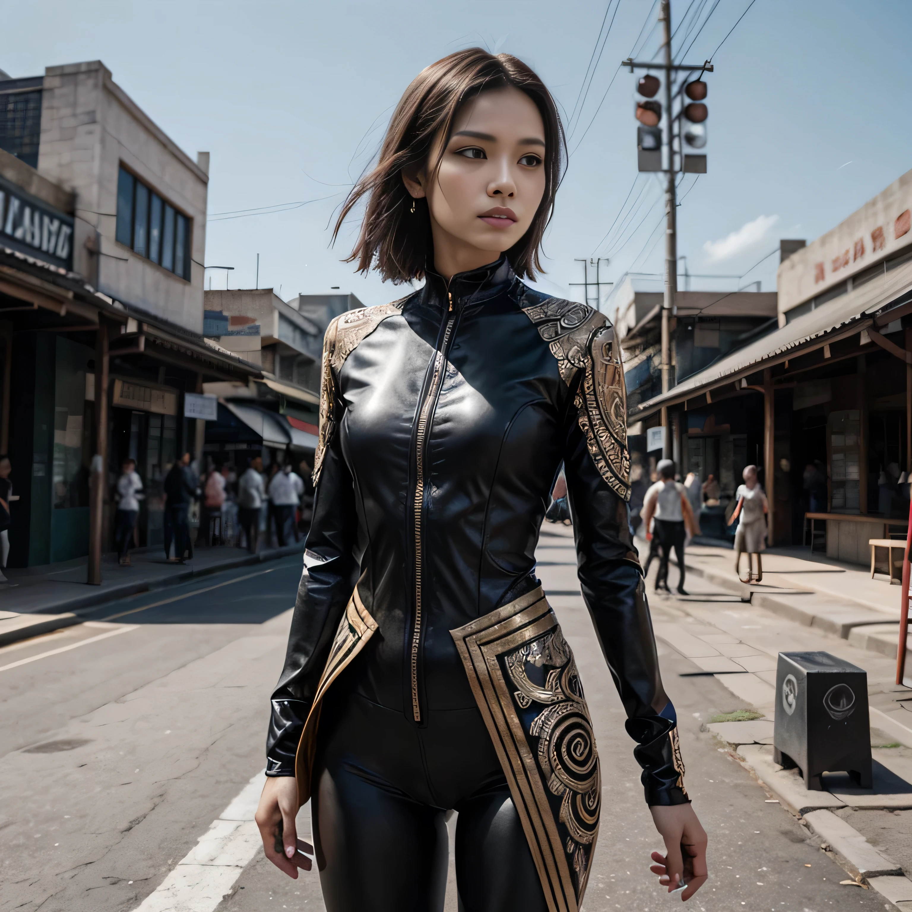 An Indonesian-styled futuristic suit worn by a girl depicting cultural fusion and modern fashion. The suit is adorned with intricate patterns and vibrant colors, showcasing the rich heritage of Indonesia. The girl stands confidently in a dynamic pose, with her detailed eyes reflecting determination and curiosity. The suit's material is a combination of traditional textiles and futuristic synthetic fabrics, giving it a unique and avant-garde appearance. The overall image quality is of the highest standard, with sharp focus and ultra-detailed rendering. The artwork employs physically-based rendering techniques, resulting in realistic lighting and shadows. The colors are vivid and vibrant, capturing the essence of Indonesian cultural aesthetics. The background features a fusion of modern architecture and traditional elements, creating a harmonious blend of the past and the future. The prompt explores the intersection of Indonesian culture, futuristic design, and the artistic representation of a confident girl
