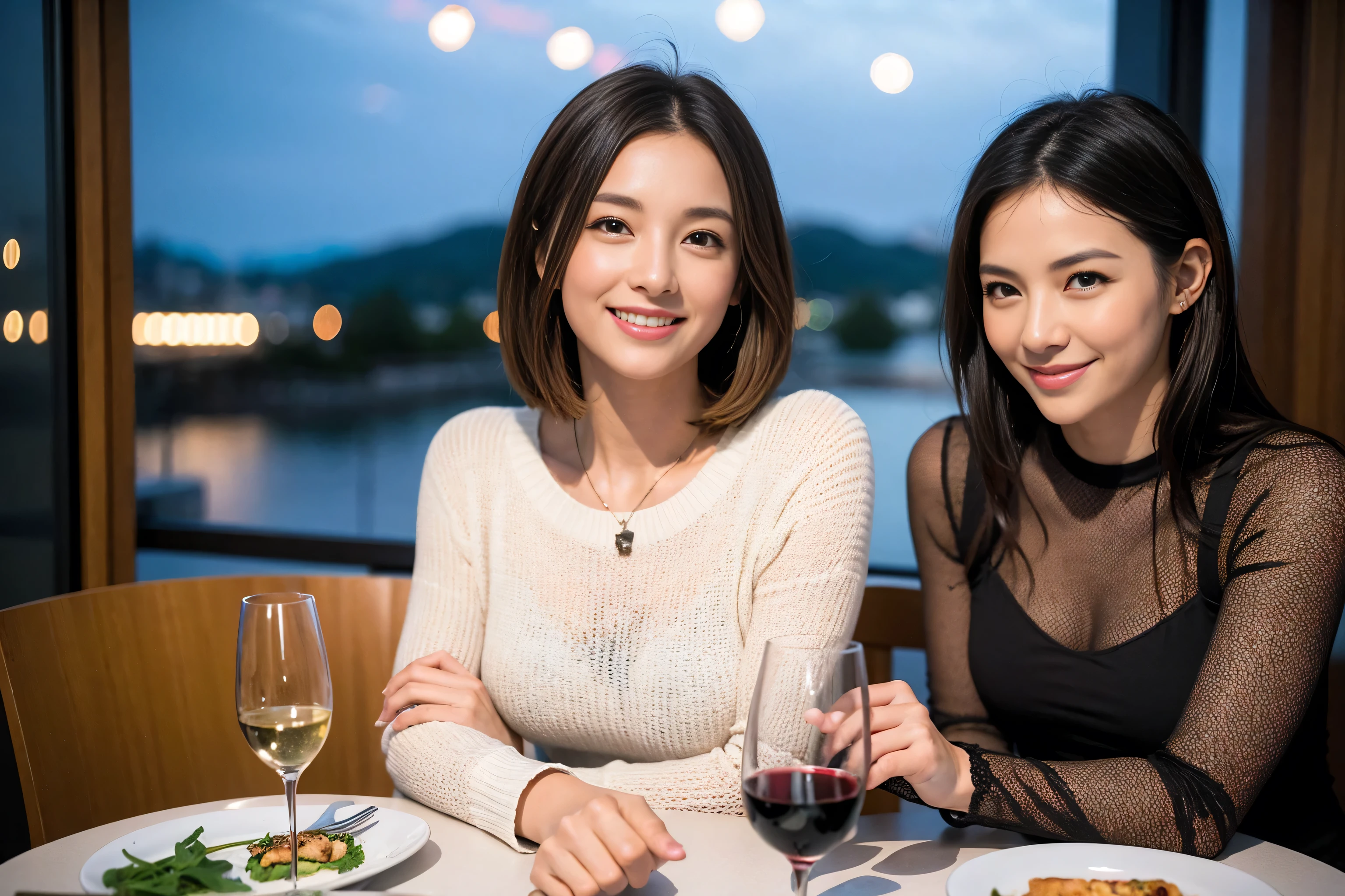 ((highest quality、8k、masterpiece:1.3))、1 male、1 female、Satomi Ishihara-like beautiful couple、Spouse、Couple、The body is slim、((Bob Hale、Straight hair:1.2)), (Realistic, Intricate details:1.2), Wine glass on the table、Shine light on your face、 Amazing view of the sunset sky and clouds、Amazing mountain views、A bright smile、The wonderfulness of smile、Bright image、The beauty of wine, Beautiful Face, blue eyes, The light shines on your face, Blushing, short hair,Bright Face、 (Age 37), "41 years old, red wine 、Appetizers、Italian food、Wine bottle、Champagne、sparkling wine、Two beauties、Brown Hair、Shortcuts、Long sleeve shirt、dress、Pretty Woman 1, (Slim face), (The body is slim), (Brown Hair), (Shortcuts), cheeks turn a little red,Attractive beauty、restaurant, In a prominent place (From the waist up) Nova Frog Style, actress, model, Upper Body, White wine, slim, wine glass, A wine glass placed in the center, smile, (smile: 1.15), Beautiful fine grain, Depth f/2,saturation, High Contrast, Strong light and shadow,Moist Body:1.5、3D texture、Delicate eyes、Brown Hair、The hair is very shiny、