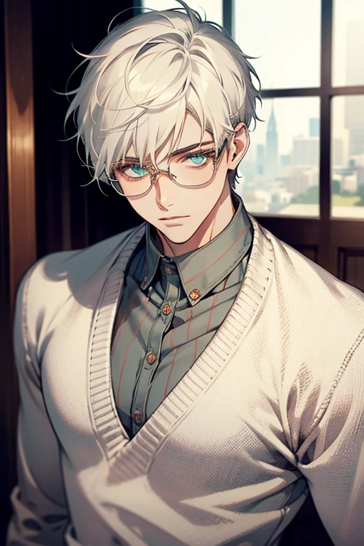((Masterpiece, Highest Quality)), Detailed Face, male, white sweater, turquoise eyes, (((Top Quality))), Short hair, Shaved whiskey,Spits, white colored hair, Stylish glasses