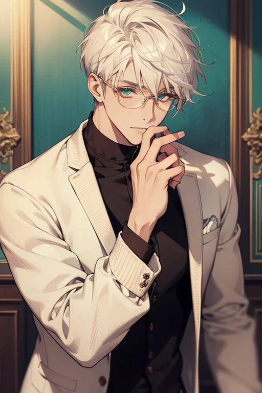 ((Masterpiece, Highest Quality)), Detailed Face, male, white sweater, turquoise eyes, (((Top Quality))), Short hair, Shaved whiskey,Spits, white colored hair, Stylish glasses