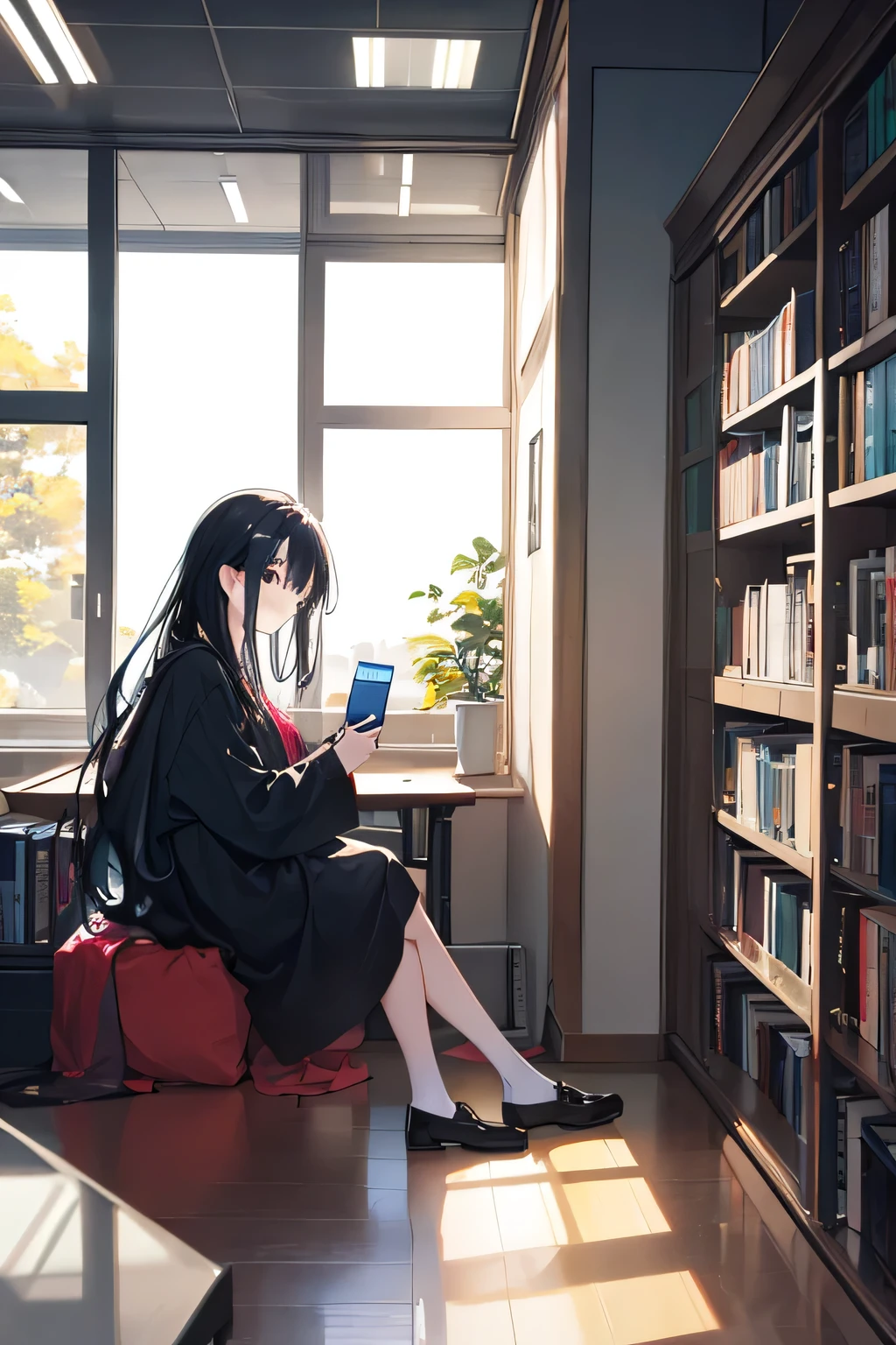 A girl with long black hair and JK clothes is sitting in front of the library window with bookshelves on her left and right。The sun shines in through the window,She is drinking coffee and looking at her phone。Now,Let's try adding some touches to change the mood of this scene.:Quiet,concentrated,Modern,Warm,Soft lighting,cozy,Relaxed,Quiet,Warm tones,Lyrical,Nature,Blurry,Energetic,energetic。