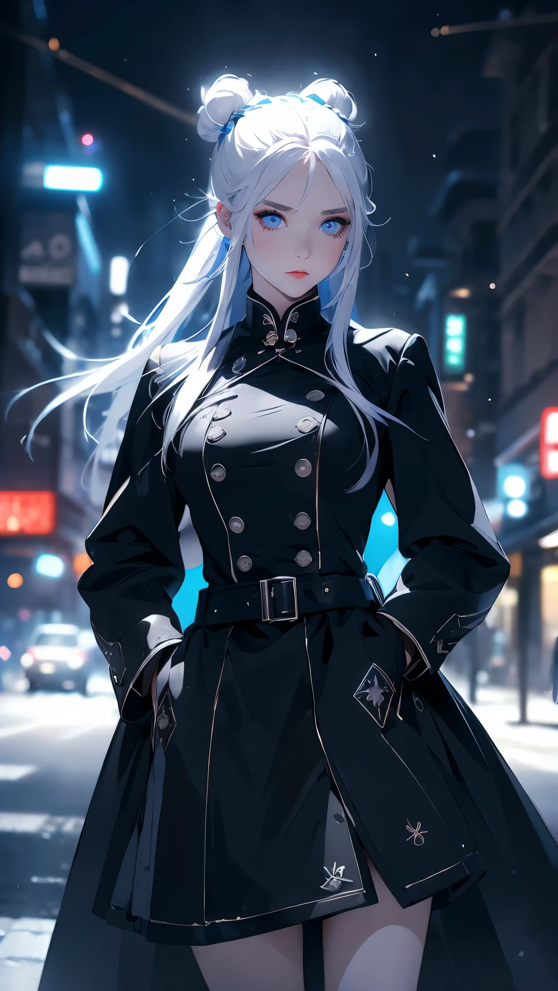 (Girl1,round face,blue eyes),(white hair,double bun hairstyle),(black coat,long black skirt,street in city,night,neon),Very details,8K wallpapers,top quality, high precision, beautiful lighting, realistic shade, high precision, detailed skin, very detailed,faces and detailed eyes,((cowboy shot,full body))