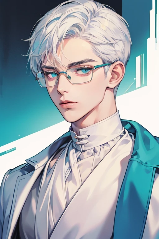 ((Masterpiece, Highest Quality)), Detailed Face, male, white sweater, turquoise eyes, (((Top Quality))), Short hair, Shaved whiskey,Spits, white colored hair, Stylish glasses