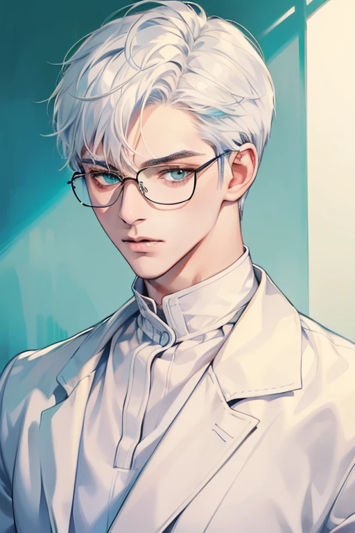 ((Masterpiece, Highest Quality)), Detailed Face, male, white sweater, turquoise eyes, (((Top Quality))), Short hair, Shaved whiskey,Spits, white colored hair, Stylish glasses